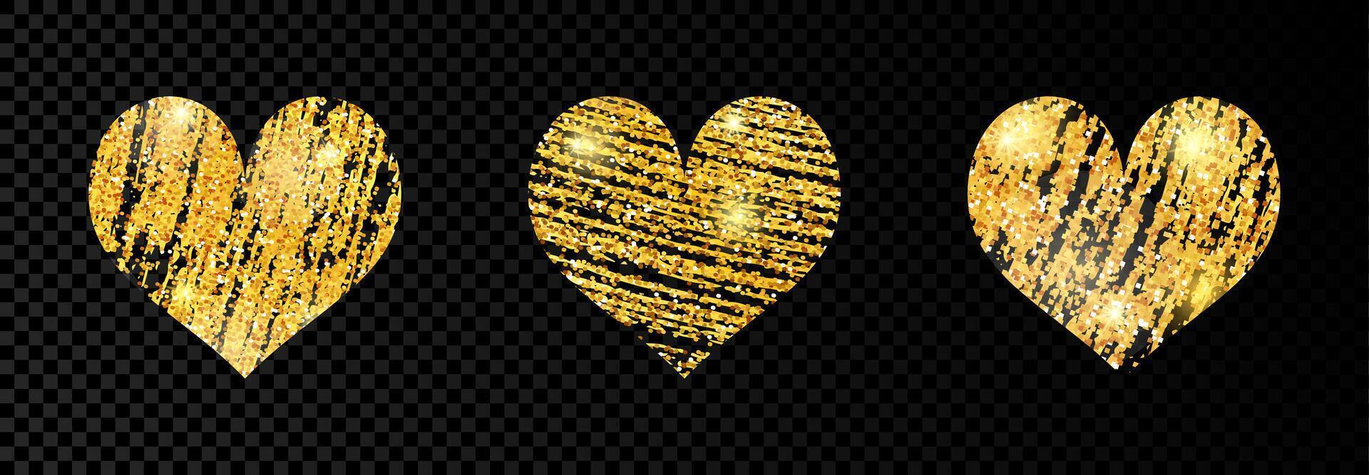 reeks van drie hart met gouden glinsterende kattebelletje verf Aan donker achtergrond. achtergrond met goud sparkles en schitteren effect. leeg ruimte voor uw tekst. vector illustratie