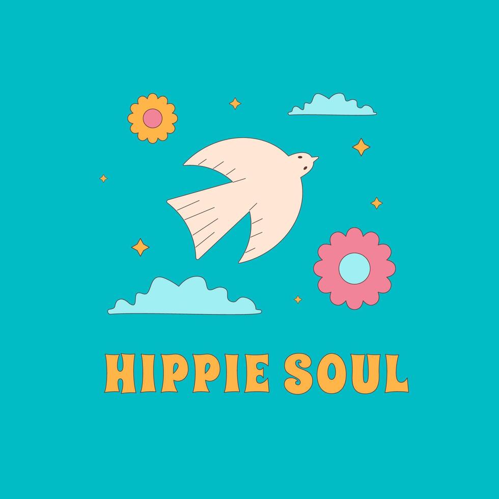 afdrukken met een duif vliegend in de wolken en bloemen met de opschrift hippie ziel. retro sticker ontwerp in de stijl van de jaren 60, jaren 70. vector