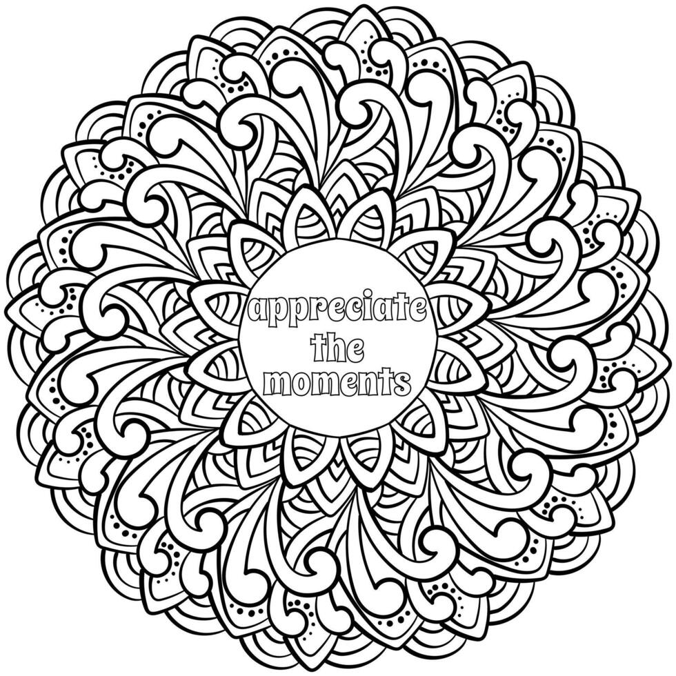 mandala met inspirerend opschrift genieten de moment, kleur bladzijde vector