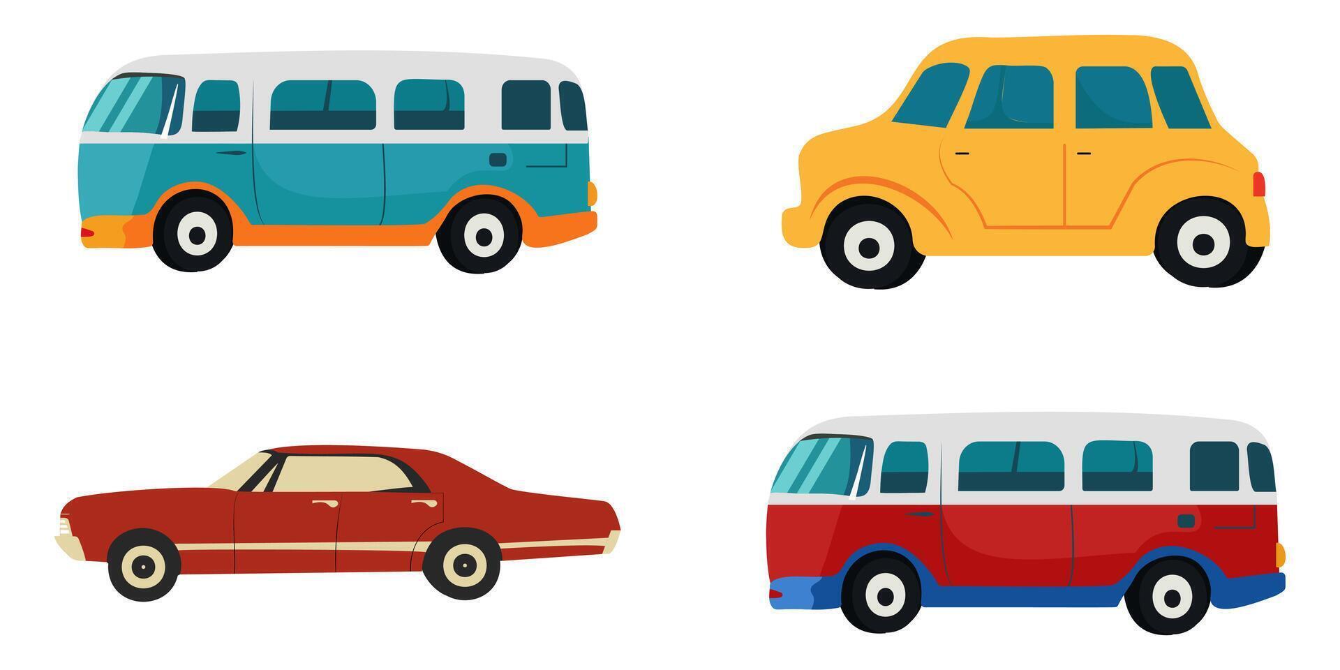 een reeks van auto's. een levendig verzameling van auto's en vrachtwagens in een gemakkelijk vlak stijl. schattig voertuigen voor afdrukken, decoraties, kinderen ontwerp, spellen en peuter- activiteiten vector