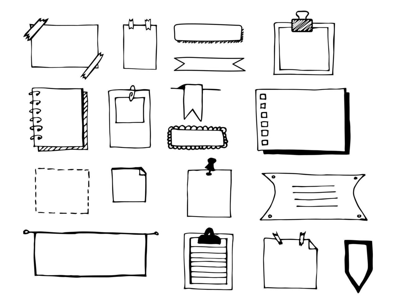 hand- getrokken memo papier lakens, kleverig Opmerking, herinnering, naar Doen lijst, kleverig plakband en pinnen. kogel logboek elementen in tekening stijl. vector illustratie in wit achtergrond.