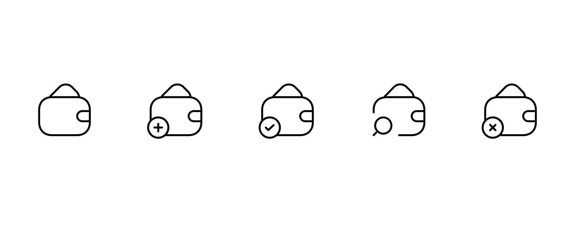 portemonnee icoon set. dwarsdoorsnede, toevoegen geld, verwijderen, bijvullen, betaling, in afwachting, kaart afwijzen. zwart en vector pictogrammen ontworpen in gevuld, schets, lijn en beroerte stijl kan worden gebruikt voor web, mobiel, ui, ux