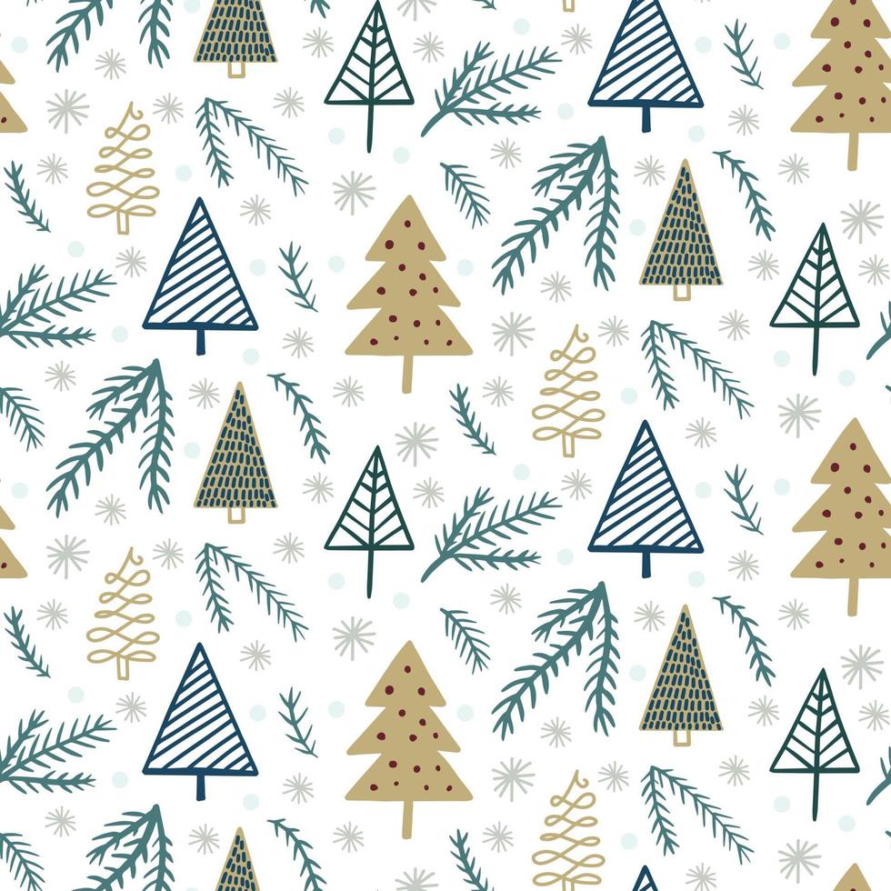schattig winterseizoen vakantie kinderachtig naadloos patroon met Scandinavische minimalistische hand getekende kerstboom doodle, fijne boomtak, sneeuwvlokken. mooi nieuwjaar kinderen achtergrondontwerp vector