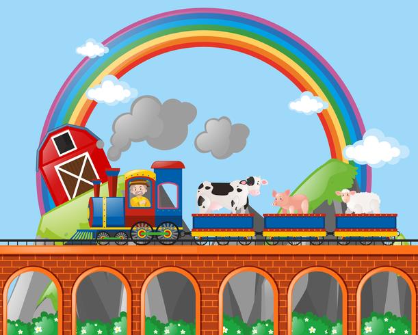 Landbouwer en dieren die op de trein berijden vector