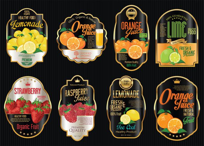 Set van organische fruit retro vintage gouden labels-collectie vector