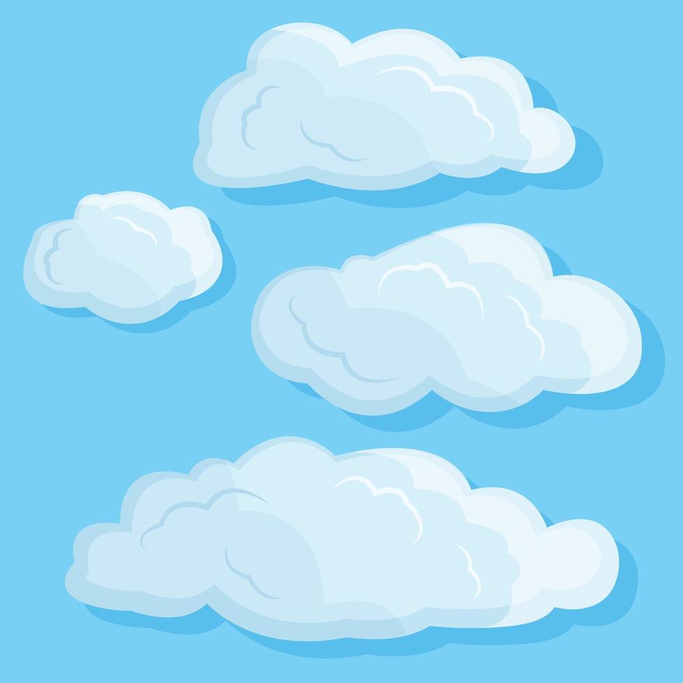 set cartoon wolken. vector witte wolken geïsoleerd op blauwe hemel. platte eenvoudige illustratie.