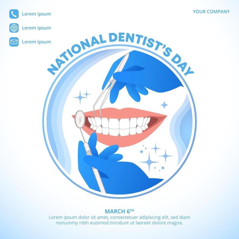 plein nationaal tandarts dag achtergrond met tandarts handen en gereedschap vector