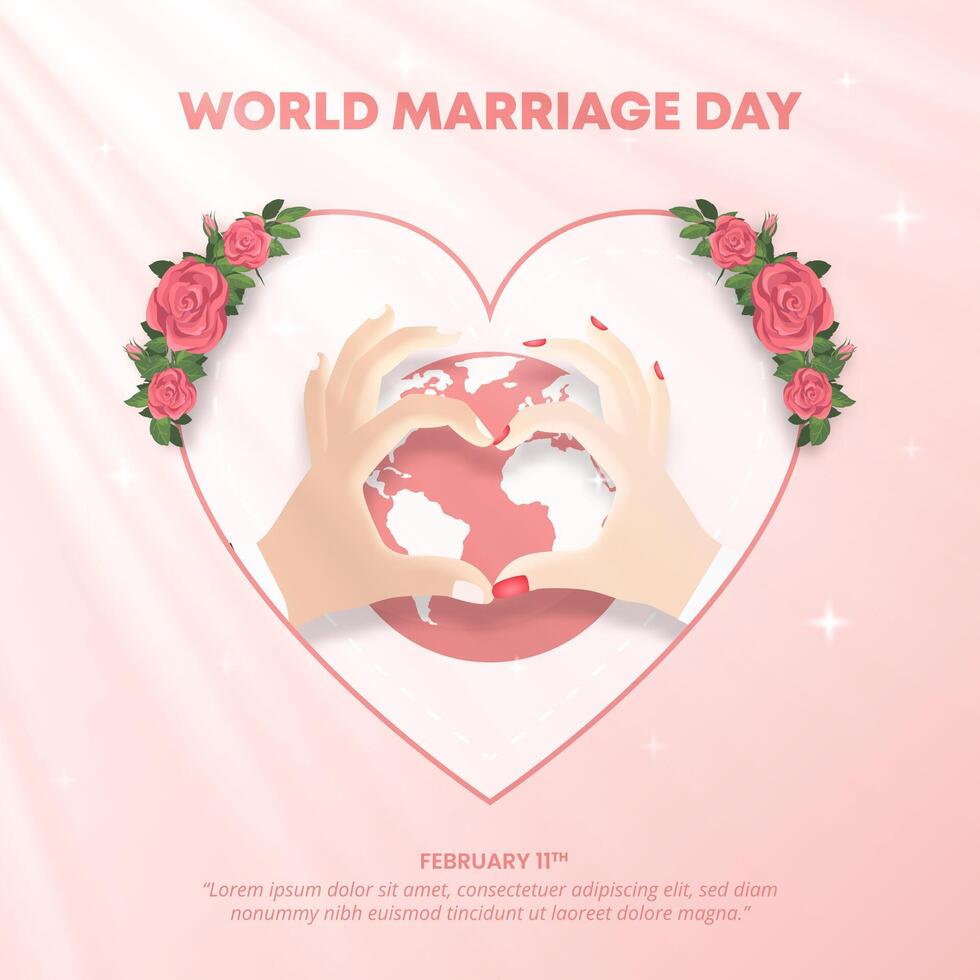 plein wereld huwelijk dag achtergrond met liefde vormig getrouwd paar handen vector