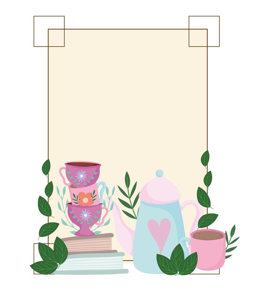 theetijd schattige waterkoker kopjes op boeken bloemen bladeren frame decoratie vector