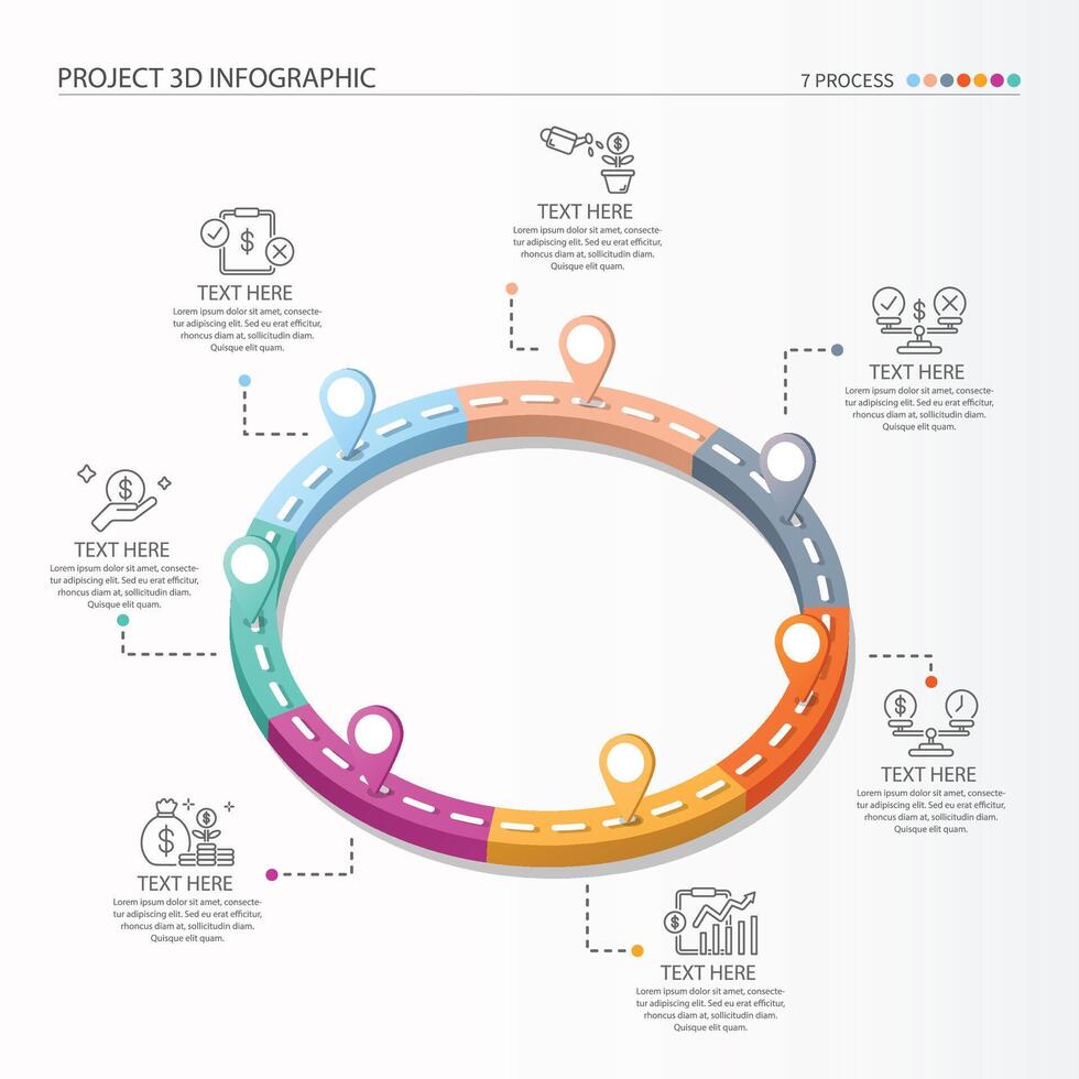 3d weg manier infographic cirkel van 7 stappen en bedrijf pictogrammen voor financiën werkwijze stappen. vector