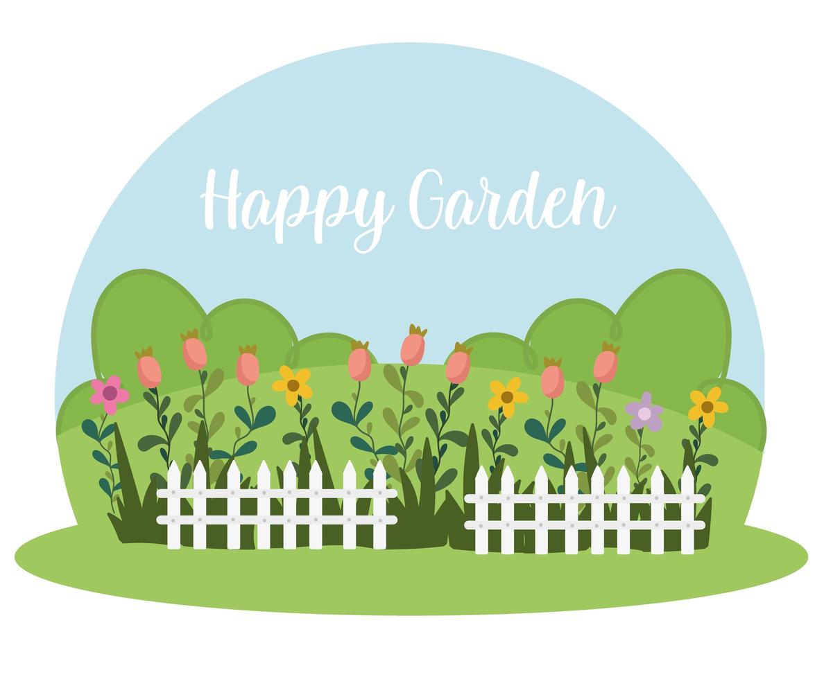 tuinieren witte omheining bloemen gras struiken, happy garden vector