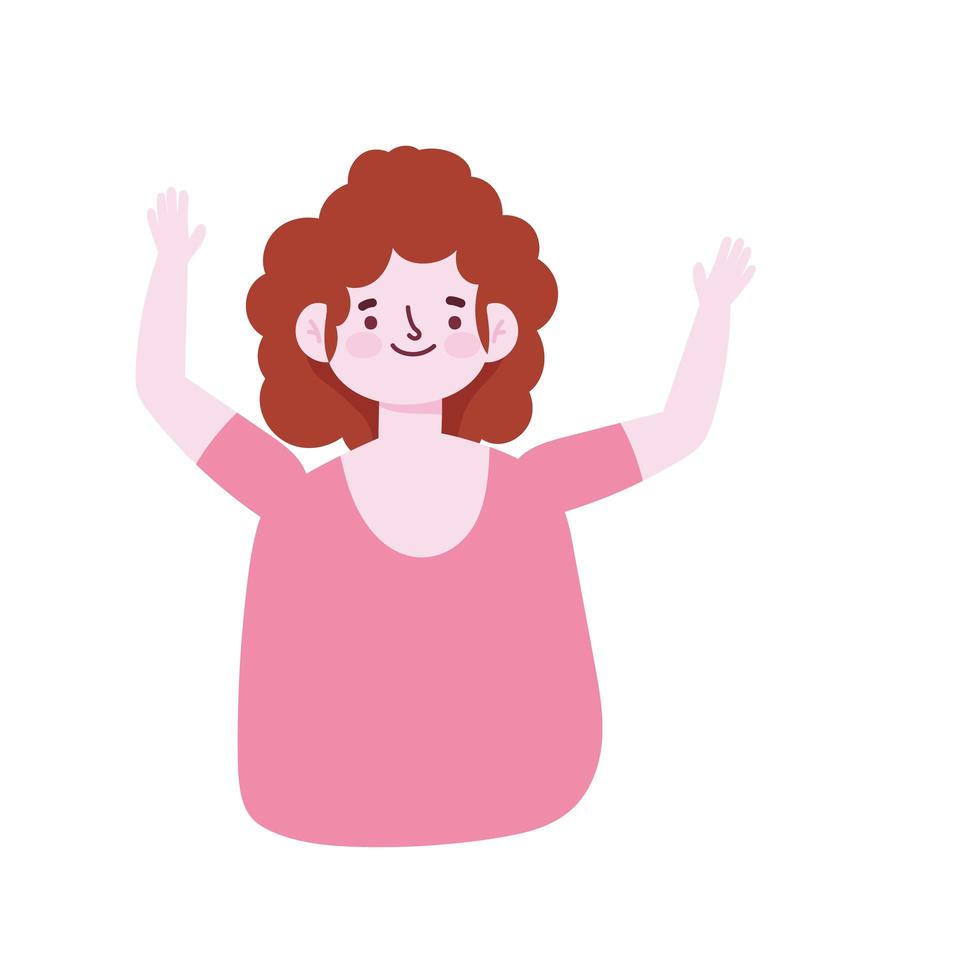 cartoon vrouwelijke vrouw karakter handen omhoog pictogram geïsoleerde stijl vector
