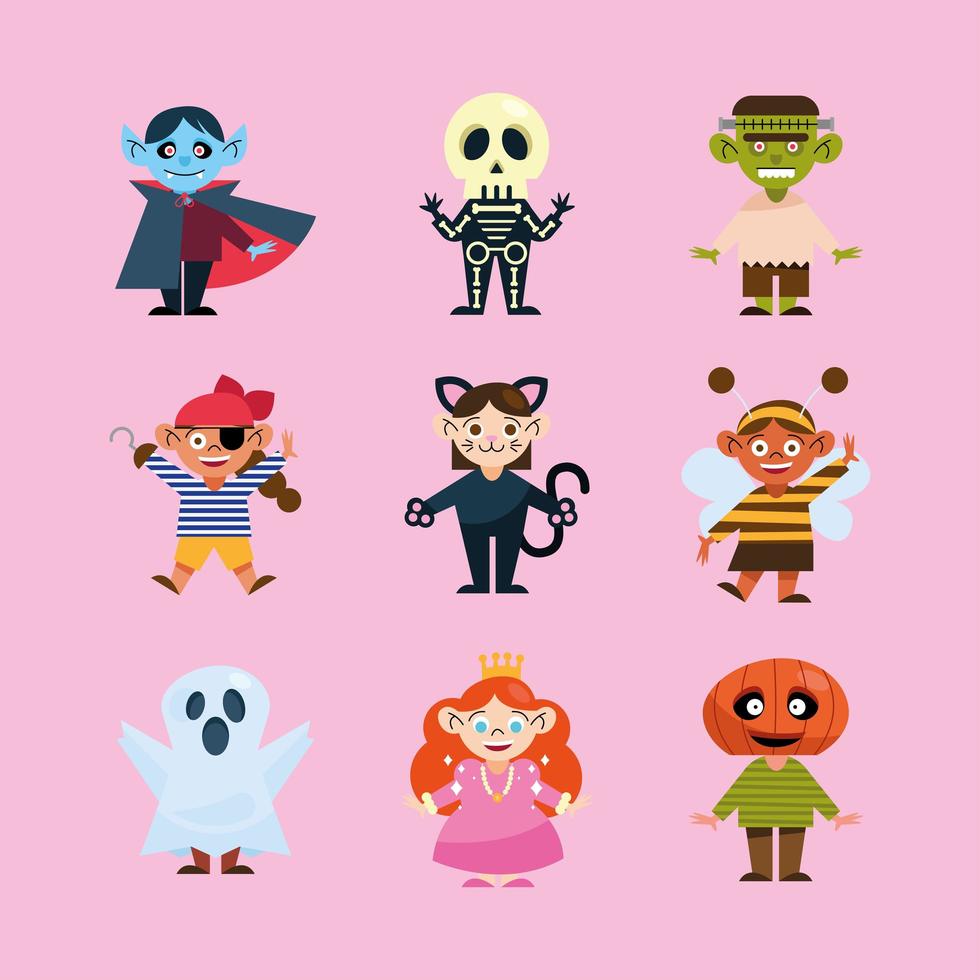 kindercollectie met halloweenkostuums vector