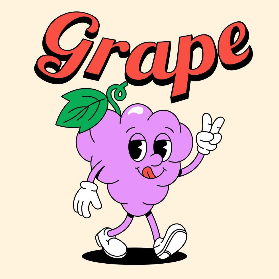 retro druiven met armen en poten. Purper groef fruit. vector illustratie voor sap, drankje, limonade