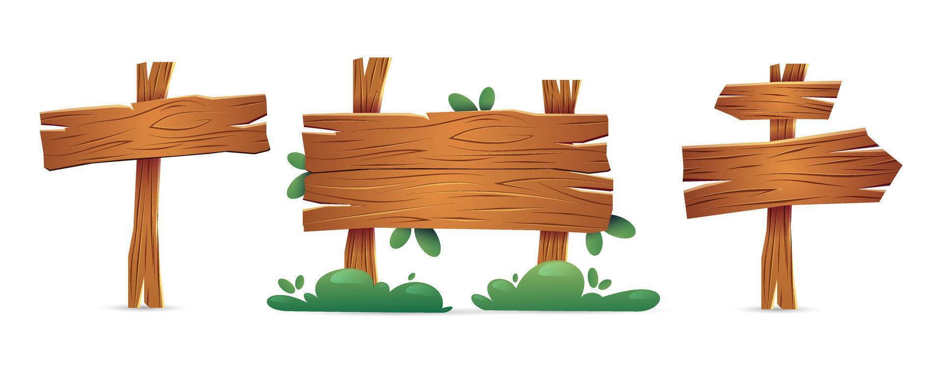 houten borden in tekenfilm stijl. sets van rustiek planken, pijl teken wijzend op richting. vector illustratie geïsoleerd Aan een wit achtergrond