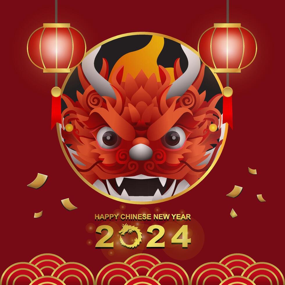 gelukkig Chinese nieuw jaar 2024 jaar van de draak met draak hoofd vector