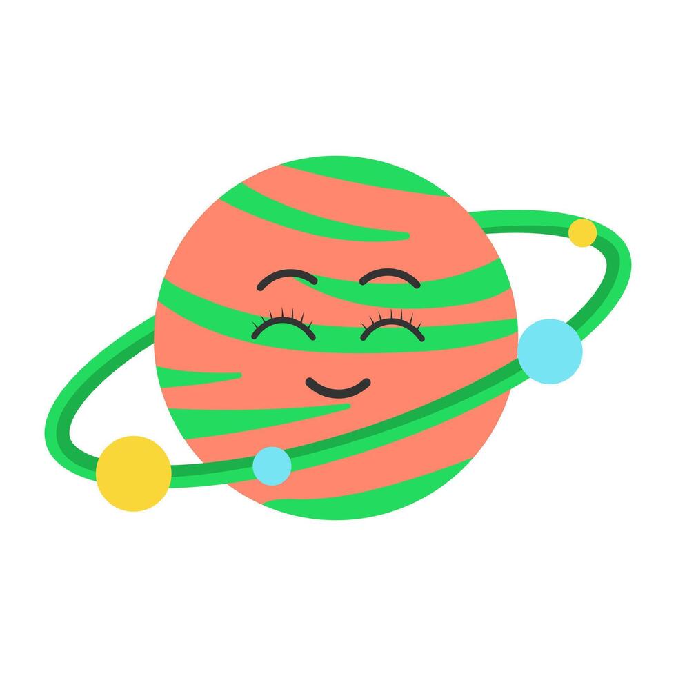 schattig kawaii planeet karakter. planeet met satellieten. grappig gezicht. tekenfilm vlak vector illustratie.