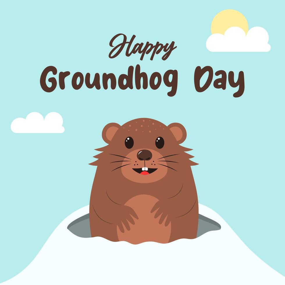 schattig groundhog kruipt uit van zijn gat. gelukkig groundhog dag. vector sjabloon voor groet kaart, poster, folder, spandoek.