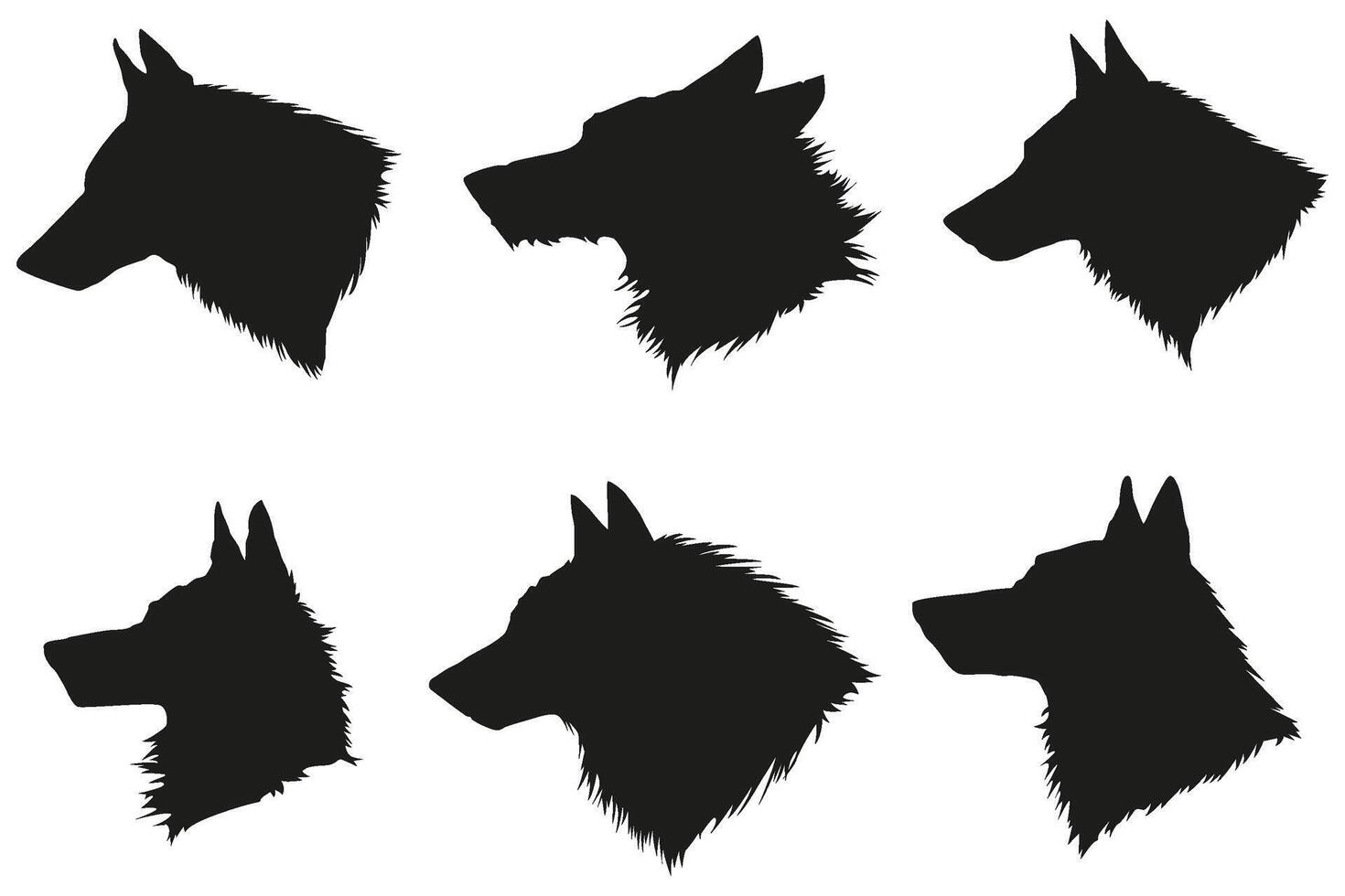 reeks van wolf silhouet, gehuil hond hoofd, dieren in het wild berg dieren vector illustratie