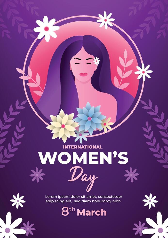 Internationale vrouwen dag met vrolijk vrouw gezicht, bloemen decoratie, en Purper achtergrond. vector