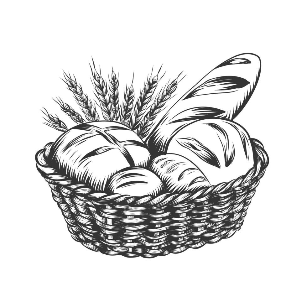 rieten rustiek mand vol van gebakken vers brood. bakkerij voedsel, broodvulling schetsen wijnoogst vector illustratie meel producten in gravure stijl voor speciaal bieden, bakkerij winkel, ramen ontwerp.