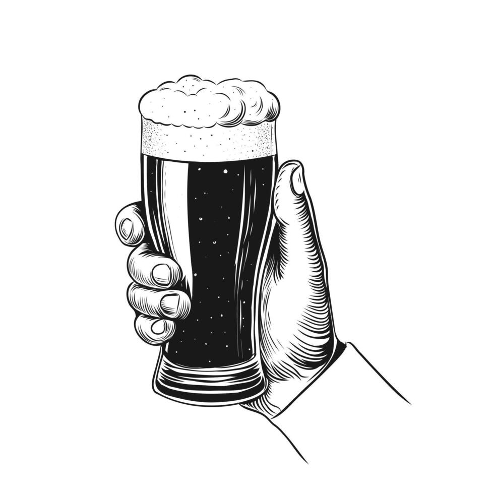 hand- Holding glas met ambacht donker bier. wijnoogst vector gravure stijl illustratie voor web, folder, poster, banier, uitnodiging naar partij oktoberfeest bier festival. hand- getrokken inkt schetsen