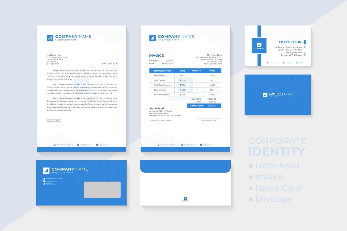 zakelijke identiteit reeks inclusief briefhoofd, factuur, naam kaart en envelop. vector