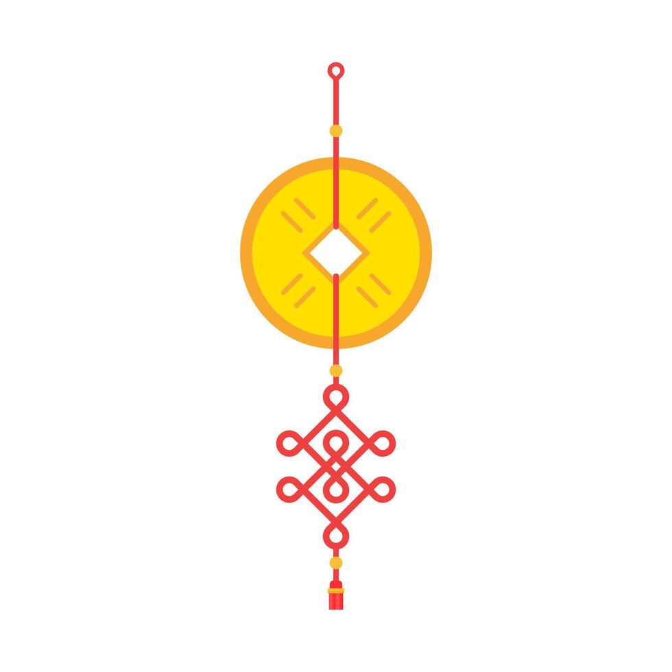 Chinese nieuw jaar feng shui munten partij rood lintje. Chinese hangende talisman met rood knoop, oude feng shui munten en kwasten. Aziatisch tradities nieuw jaar symbool van mooi zo fortuin vector