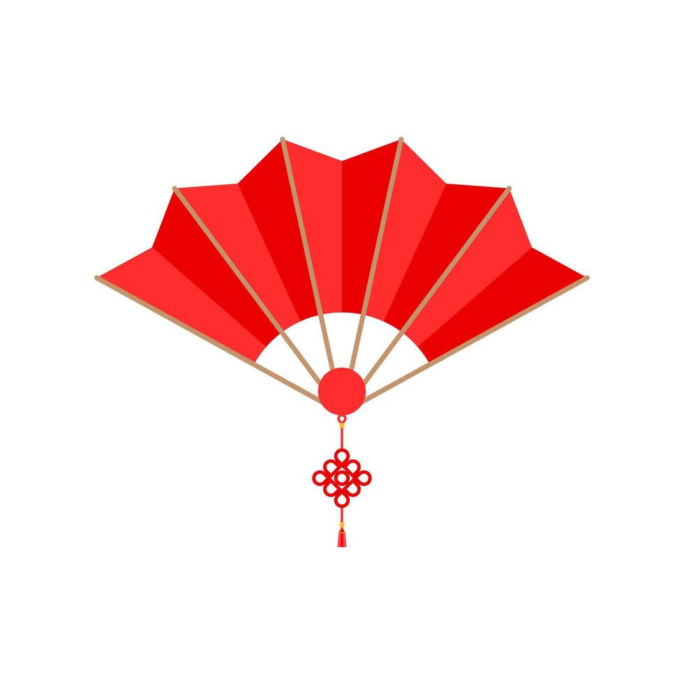 rood Chinese hand- ventilator met wenselijk knoop geïsoleerd Aan wit achtergrond. vector illustratie van papier traditioneel Chinese vouwen fan. Chinese nieuw jaar element