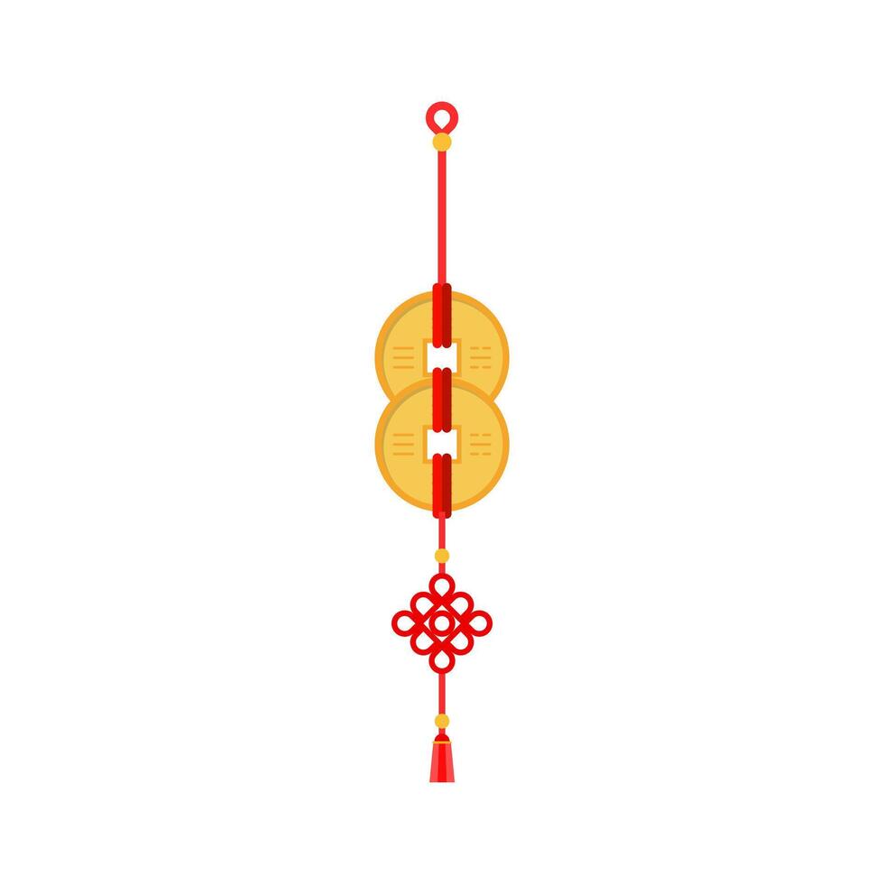 Chinese nieuw jaar feng shui munten partij rood lintje. Chinese hangende talisman met rood knoop, oude feng shui munten en kwasten. Aziatisch tradities nieuw jaar symbool van mooi zo fortuin vector