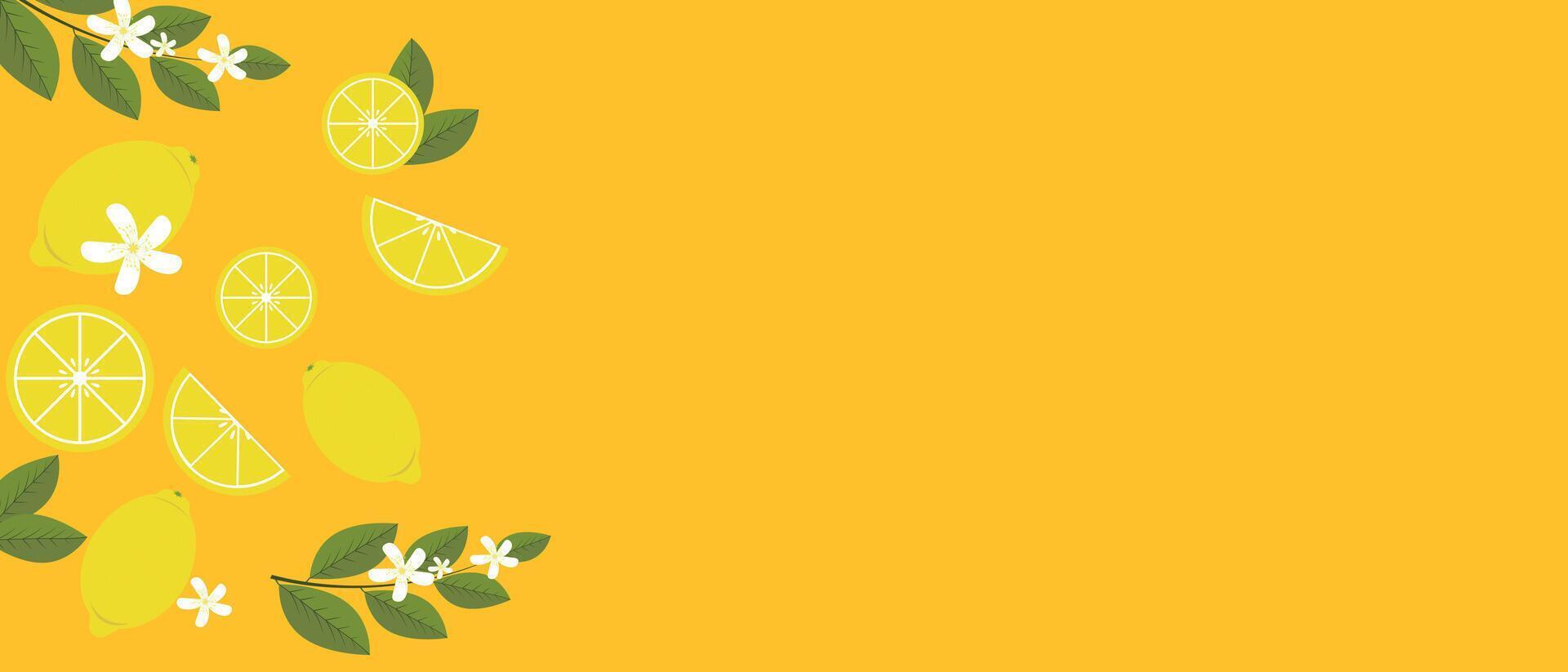 sappig citrus fruit met vers citroenen en groen bladeren Aan een helder geel achtergrond. helder kleurrijk vitamine foto. kopiëren ruimte, geschikt net zo een web banier formaat. gezond aan het eten concept. vector. vector