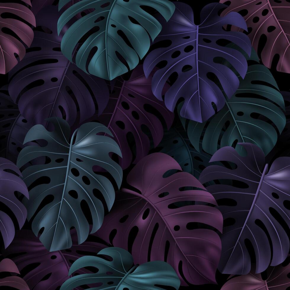 tropisch kleurrijk bladeren monstera Aan donker achtergrond. naadloos patroon. realistisch 3d illustratie voor textiel, hawaiiaans stijl, behang, plaatsen, kaarten, web ontwerp. vector herhalen botanisch structuur