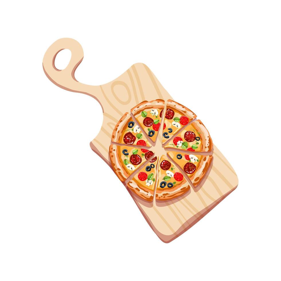 Italiaans pizza peperoni Aan een houten bord. pizza gesneden. een stuk van voedsel. menu voor restaurant en cafe. vector