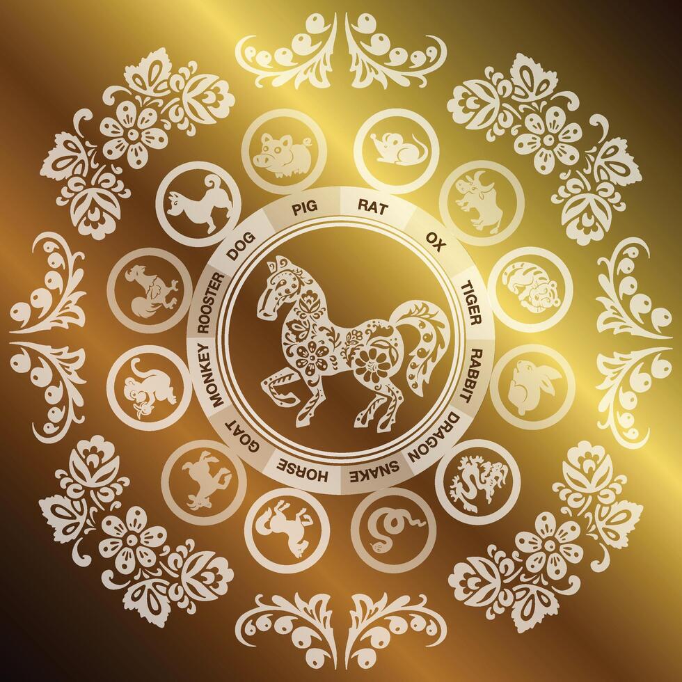groet kaart paard, paard met goud in etnisch Russisch stijl, symbool van de jaar, vector illustratie eps 10