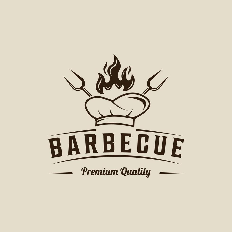barbecue logo wijnoogst vector illustratie sjabloon icoon grafisch ontwerp. bbq rooster met vlam chef hoed spatel en vork teken of symbool voor voedsel restaurant steak huis met retro typografie stijl