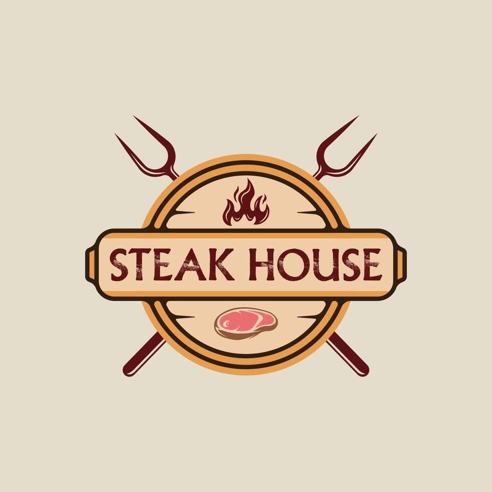 barbecue steak logo embleem vector illustratie sjabloon icoon grafisch ontwerp. bbq rooster met vlam en vlees vork teken of symbool voor voedsel restaurant steak huis met cirkel insigne retro typografie stijl