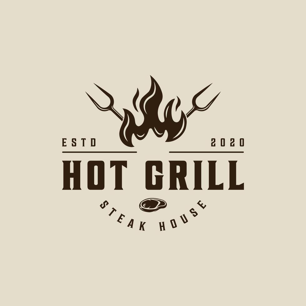 barbecue logo wijnoogst vector illustratie sjabloon icoon grafisch ontwerp. bbq rooster met vlam teken of symbool voor voedsel restaurant steak huis met retro typografie stijl