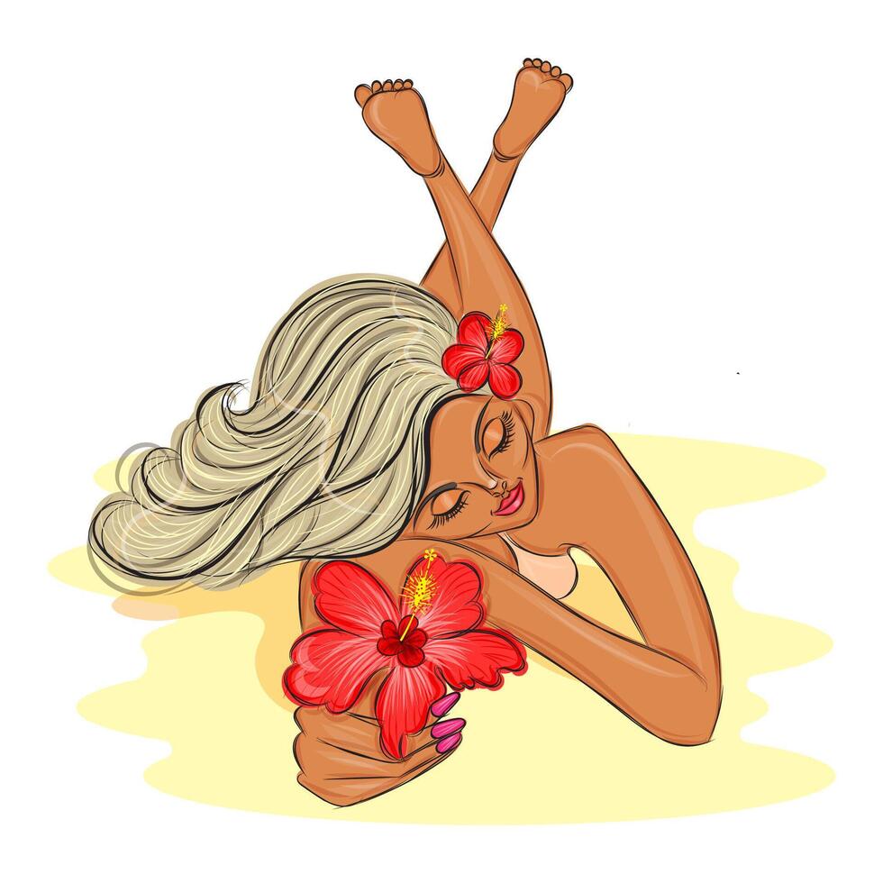 zomer toevlucht meisje in bikini Aan de zand met rood hawaiiaans bloem mode vector illustratie