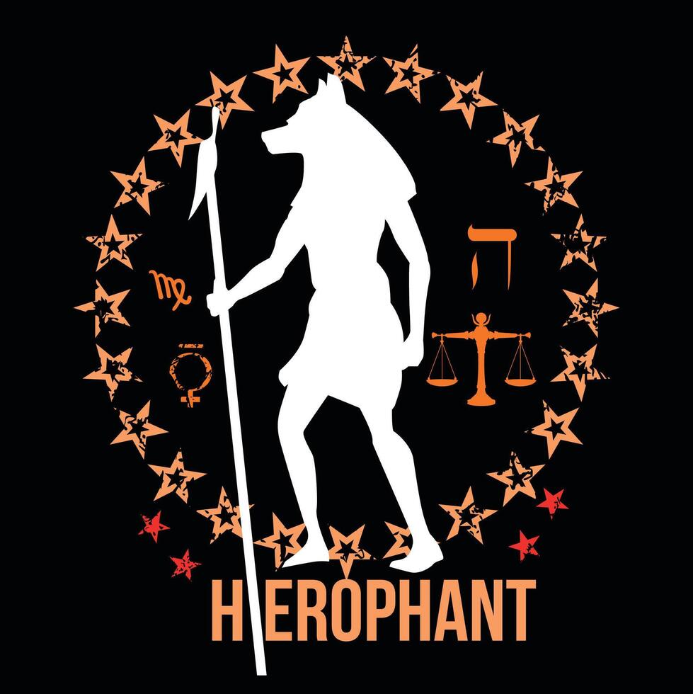 hiërofant. t-shirt ontwerp met de Egyptische god Anubis met een hond hoofd met verschillend symbolen en sterren Aan een zwart achtergrond vector