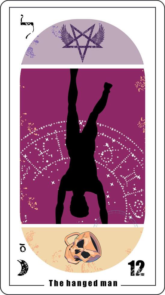 tarot kaart aantal twaalf gebeld de opgehangen Mens. silhouet van naakt Mens hangende ondersteboven omlaag. vector