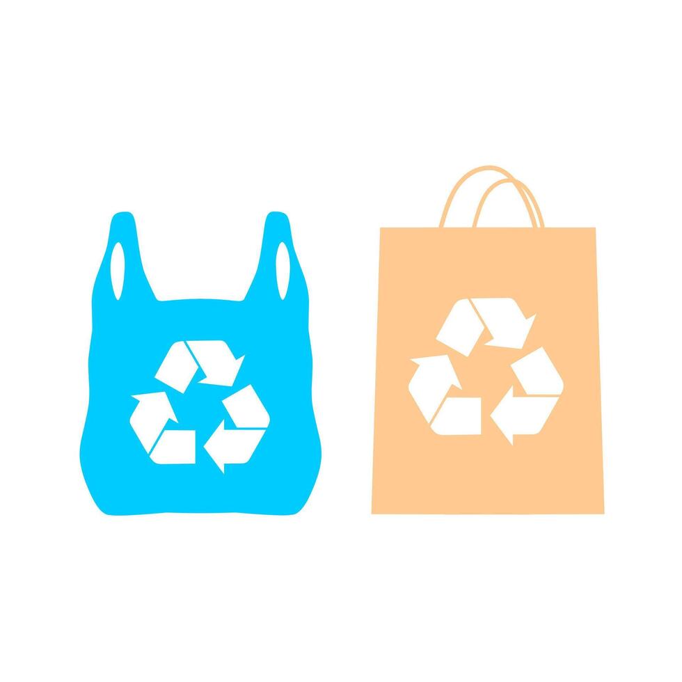 plastic zak en papier zak met recycling teken geïsoleerd Aan wit achtergrond. herbruikbaar ecologisch behoud concept. vector illustratie