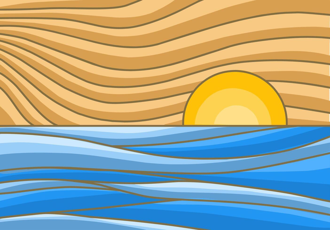 lijn kunst illustratie van zonsondergang landschap Bij zee met mooi water en zon vector