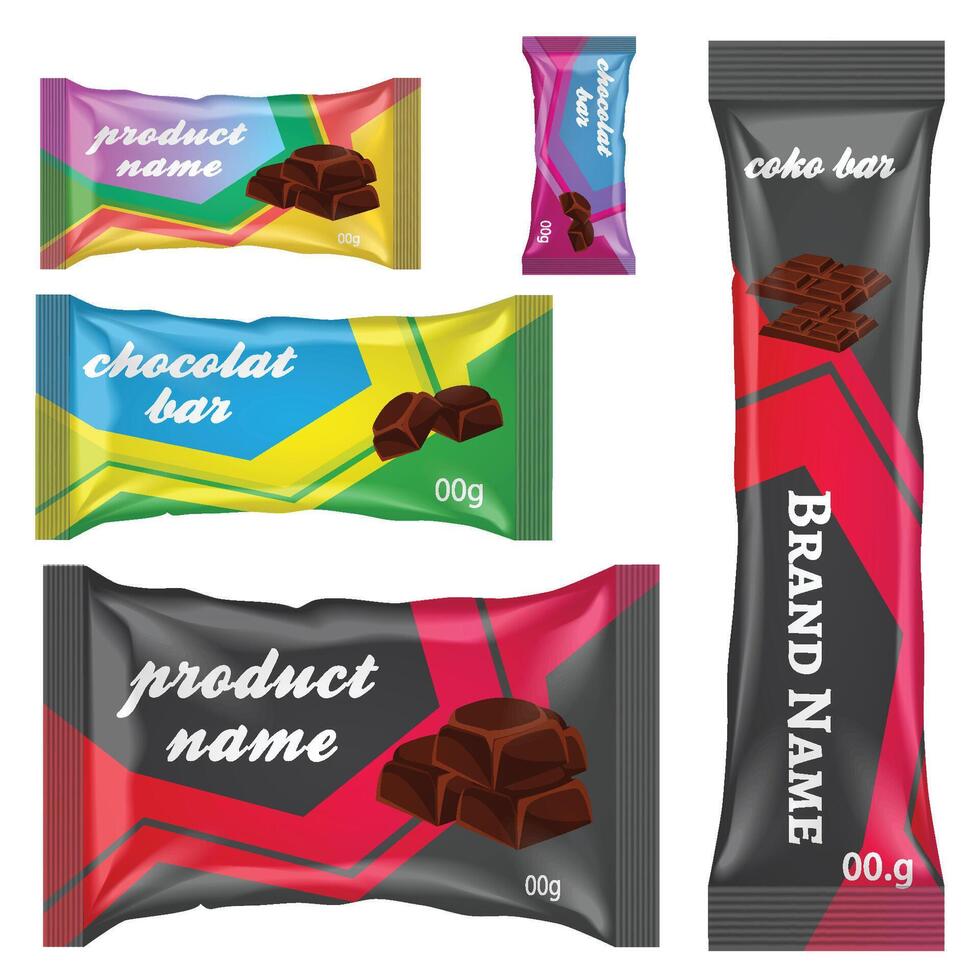 chocola bar van snoep bar reeks geïsoleerd Aan wit achtergrond. snoepgoed snacks bars pakketjes Sjablonen. toetje voedsel vector illustratie