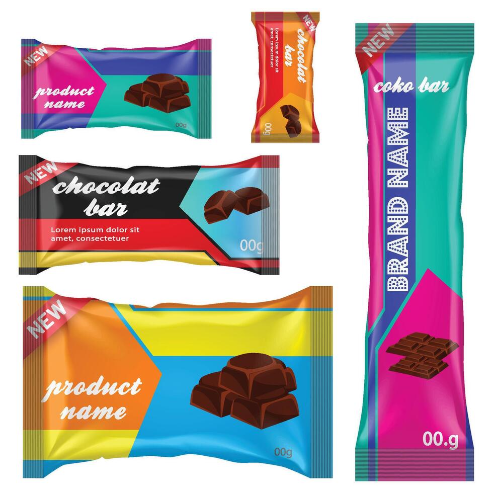 chocola bar van snoep bar reeks geïsoleerd Aan wit achtergrond. snoepgoed snacks bars pakketjes Sjablonen. toetje voedsel vector illustratie