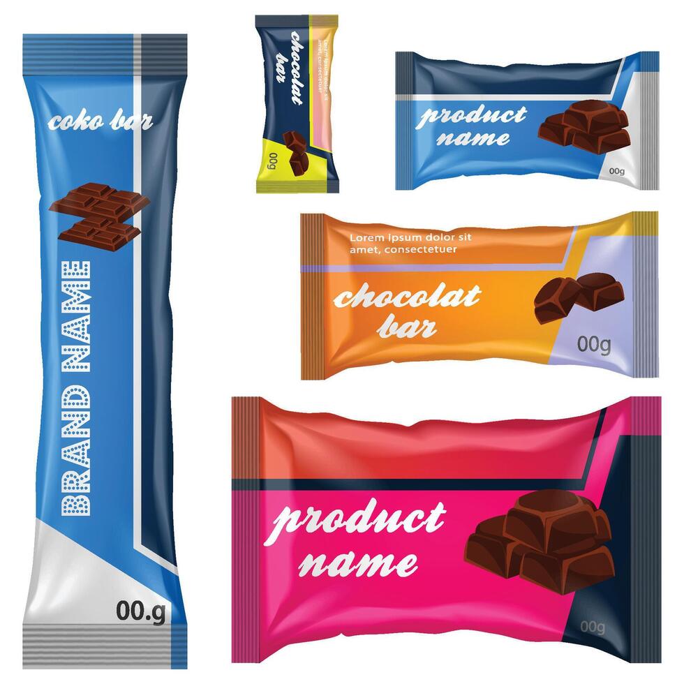 chocola bar van snoep bar reeks geïsoleerd Aan wit achtergrond. snoepgoed snacks bars pakketjes Sjablonen. toetje voedsel vector illustratie