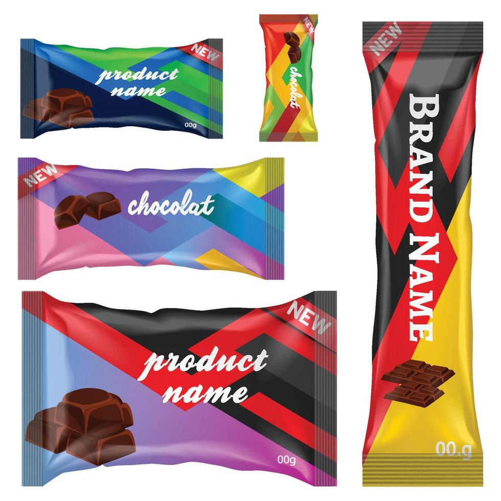 chocola bar van snoep bar reeks geïsoleerd Aan wit achtergrond. snoepgoed snacks bars pakketjes Sjablonen. toetje voedsel vector illustratie