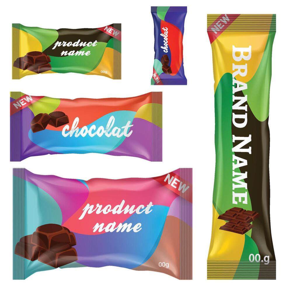 chocola bar van snoep bar reeks geïsoleerd Aan wit achtergrond. snoepgoed snacks bars pakketjes Sjablonen. toetje voedsel vector illustratie