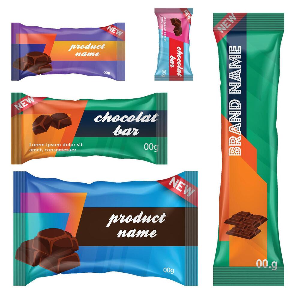 chocola bar van snoep bar reeks geïsoleerd Aan wit achtergrond. snoepgoed snacks bars pakketjes Sjablonen. toetje voedsel vector illustratie