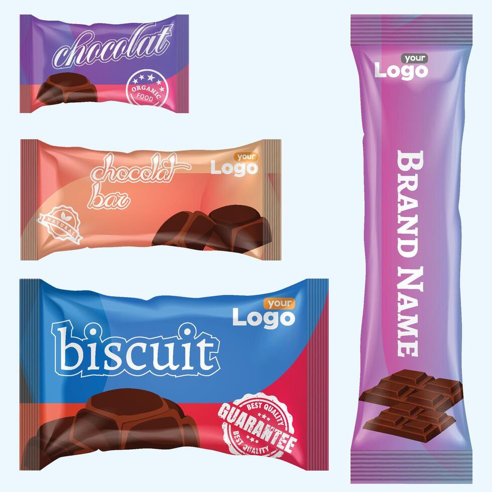 stromen pak en chocola bar. wit tussendoortje pakket sjabloon voor koekjes, biscuit, wafeltje. blanco chocola bar mockup door folie stromen pak Aan transparant rug. vector