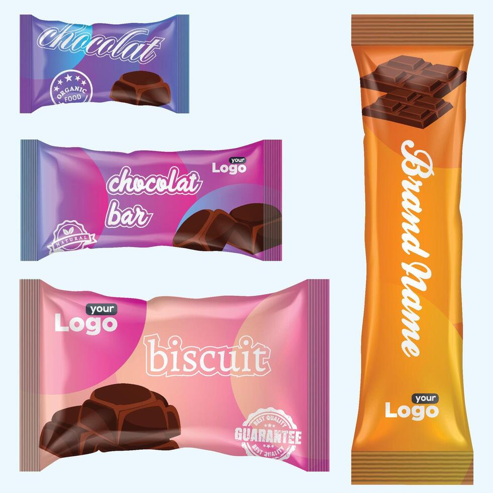 stromen pak en chocola bar. wit tussendoortje pakket sjabloon voor koekjes, biscuit, wafeltje. blanco chocola bar mockup door folie stromen pak Aan transparant rug. vector